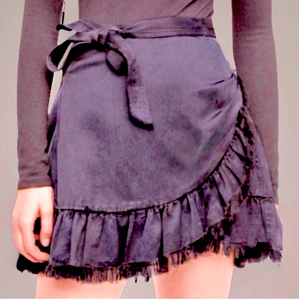 Free People One Tuxedo Faux Wrap Asymmetrical Ruffled Hem Tie Waist Mini Skirt 6